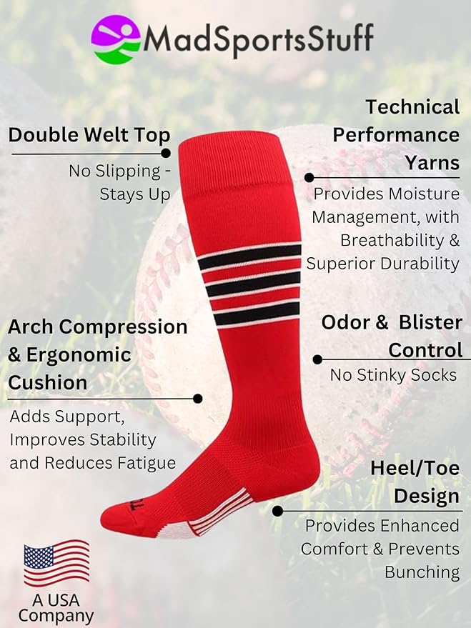 MadSportsStuff Softball Socks Baseball Socks | White & Team Colors | USA Made | Sizes for Girls, Youth Boys, Men & Women
