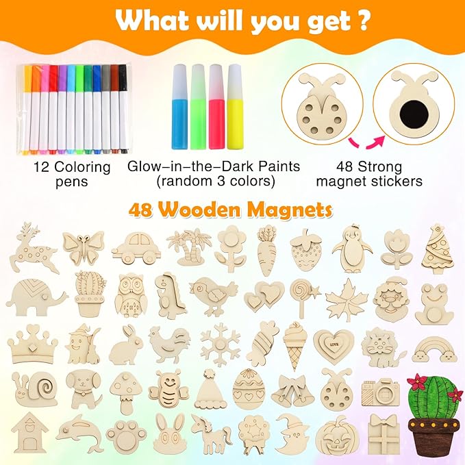 Worgree 48 Pcs DIY Wooden Magnets, Wooden Art Craft Supplies Painting Kit - Image 2