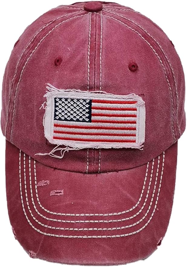Women American Flag Ponytail Hat, Embroidery Adjustable Washed Distressed Messy Bun Baseball Cap …