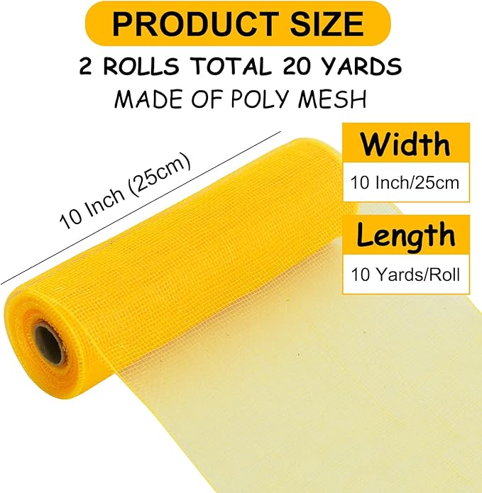 TONIFUL 2 Rolls 10 Inch Yellow Decorative Mesh Ribbbon Rolls, Fabric Mesh - Image 2