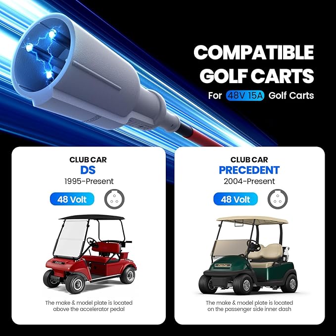 48 Volt 15 Amp Golf Cart Charger with 3-Pin Round Plug for Club Car Precedent & DS Series Only for Lead Acid Battery