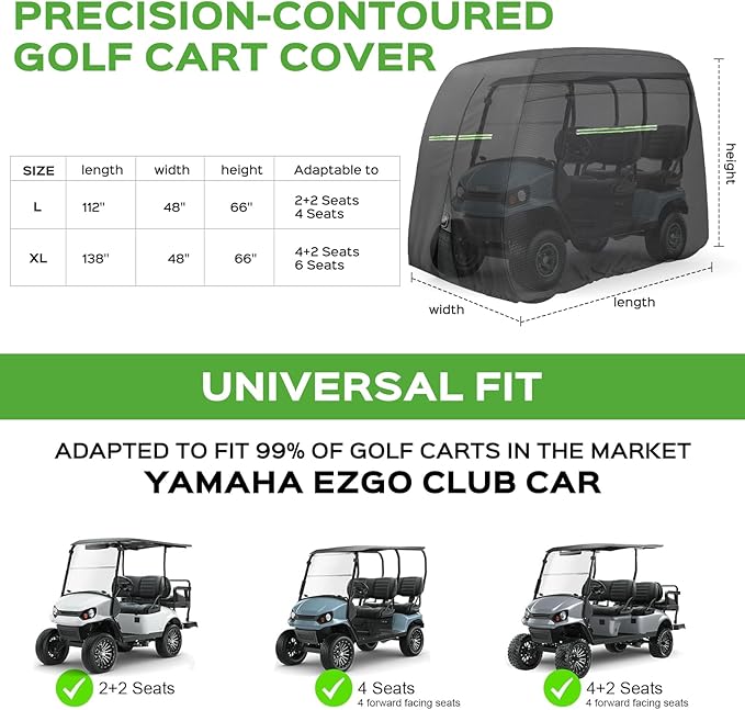 Golf Cart Cover 2/4/4+2 Passenger Heavy Duty Universal Fit for Yamaha EZGO Club Car, 600D Waterproof Windproof Sunproof Golf Cart Seat Covers with Reflective Strips, Zippered Pockets, Zipper Doors