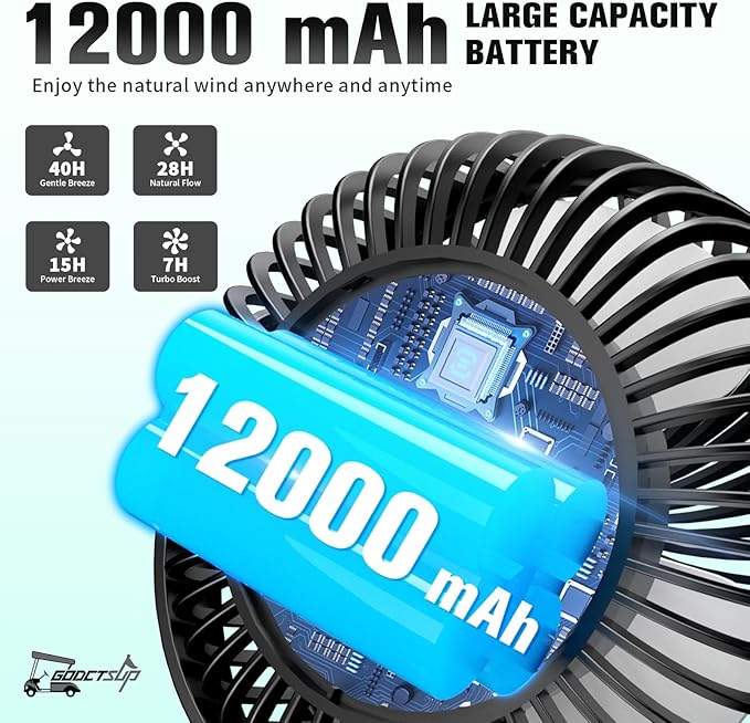 Upgrade Golf Cart Fan Rechargeable with Magnetic Base, Portable 12000mAh Magnetic Fan with 4 Speeds, LED Lantern, Fits Club Car EZGO YAMAHA Golf Cart & Cruise Ship Accessories