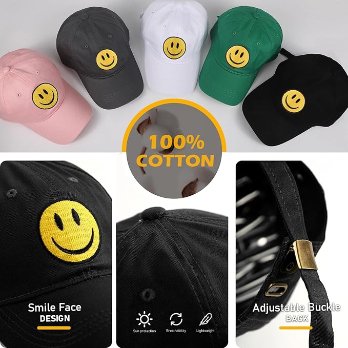 Smile Face Baseball Cap for Women Men Cute Baseball Caps Unstructured Cotton Dad Hat