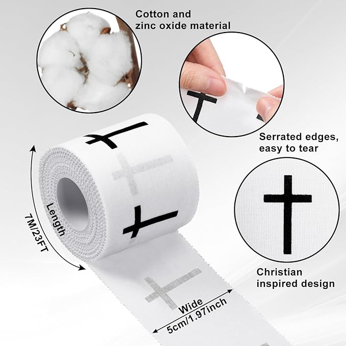 MiniInflat 2 Pcs Christian Cross Athletic Tape Sports Tape 2in x 23ft Religion Jesus Wrist Wrap for Soccer Football Baseball, Gift for Graduation Teacher Nurses Week Pentecost(White,Crosses)