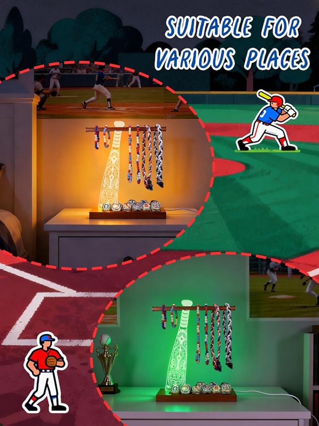 CoolGift Mart Light up Baseball Necklace Hanger and Championship Ring Display Stand, Acrylic Wooden LED Night Lamp with USB Powered, Gift for Baseball Softball Players Lovers