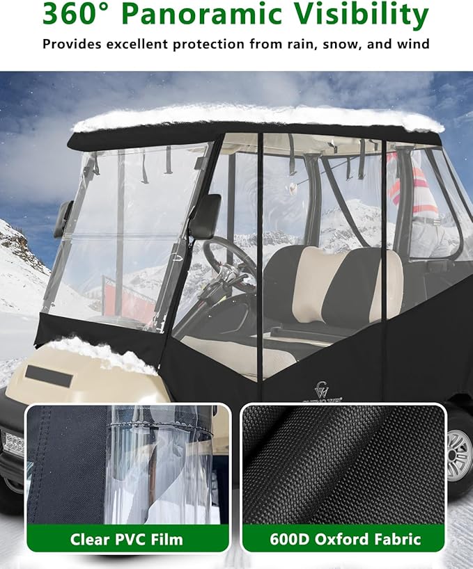 2 Passenger Golf Cart Enclosure for Club Car Precedent Tempo Onward, 600D Waterproof Driving Rain Cover with Full Roll-Up Clear Windows & Doors, Heavy Duty Zippers & Side Mirror Openings
