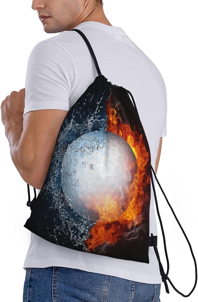 Golf Drawstring Bag with Water and Fire Pattern Printed Sports Drawstring Backpack for Kids Teens Boys Girls Adults Women Men, Sport Gym Swim Travel Work Hiking Daypack Bag, Medium