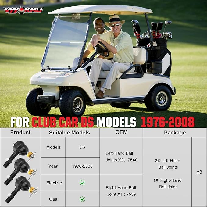 Ball Joint Kit, 3PCS Golf Cart Tie Rod Ends with Grease Fitting fit for Club Car DS 1976-2008 Gas & Electric, 2*Left-Hand OEM# 7540, 1*Right-Hand OEM# 7539, Tie Rod End for Golf Cart Club Car