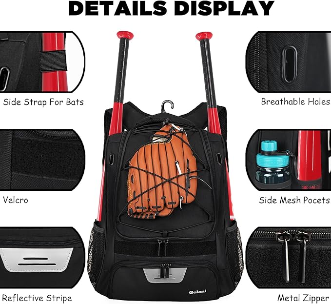 Goloni | Baseball Backpack,Baseball Bag for Adult,Softball Bat Bag with Shoes Compartment,Large Main Compartment for Helmet & accessories, Fence Hook