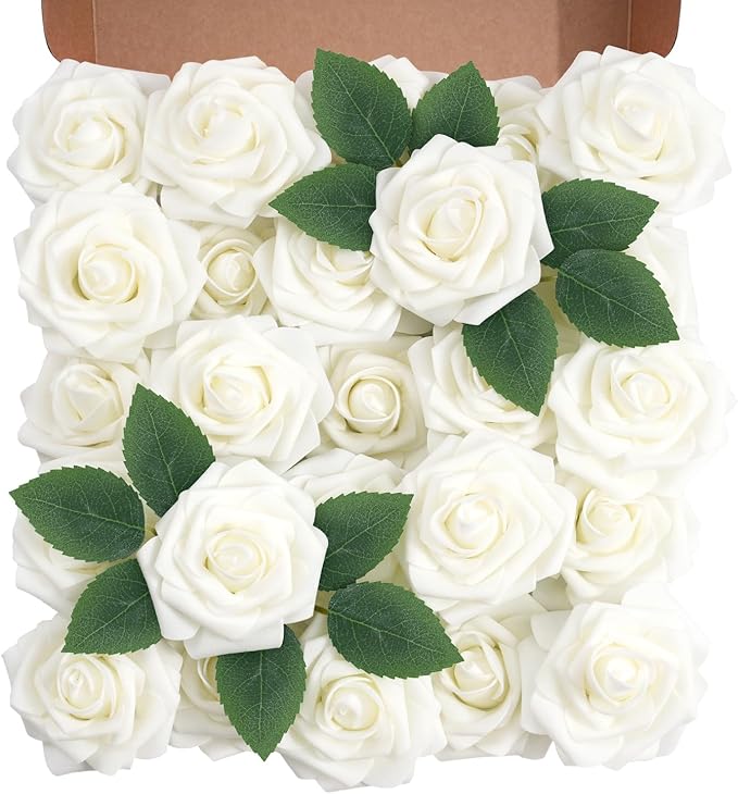 Artificial Flowers Foam Fake Roses 25pcs White Roses by Unknown