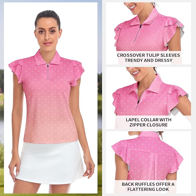 Soneven Womens Petal Sleeve Golf Shirts Moisture Wicking Lady Golf Apparel Print Tennis Sport T Shirt