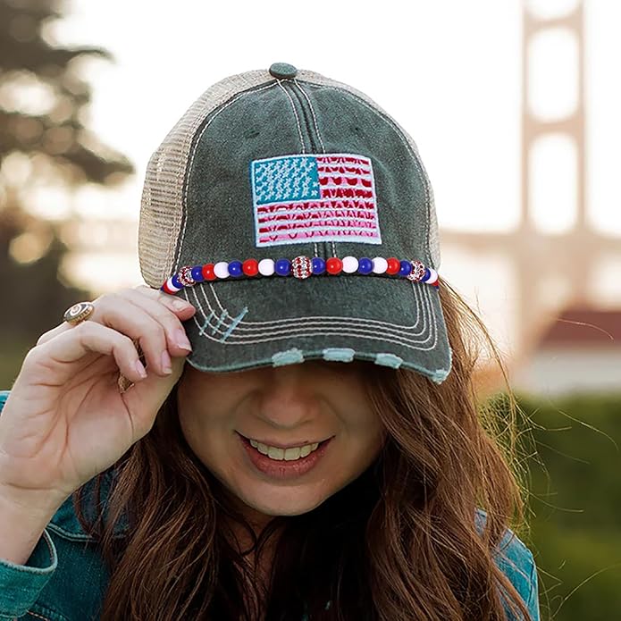Trucker Hat Chain 4th of July Beaded Chain American Flag Patriotic Stars Hat Bill Chain Fourth of July Hat Accessories for Baseball Cap Independence Day Party Supplies, Red White Blue