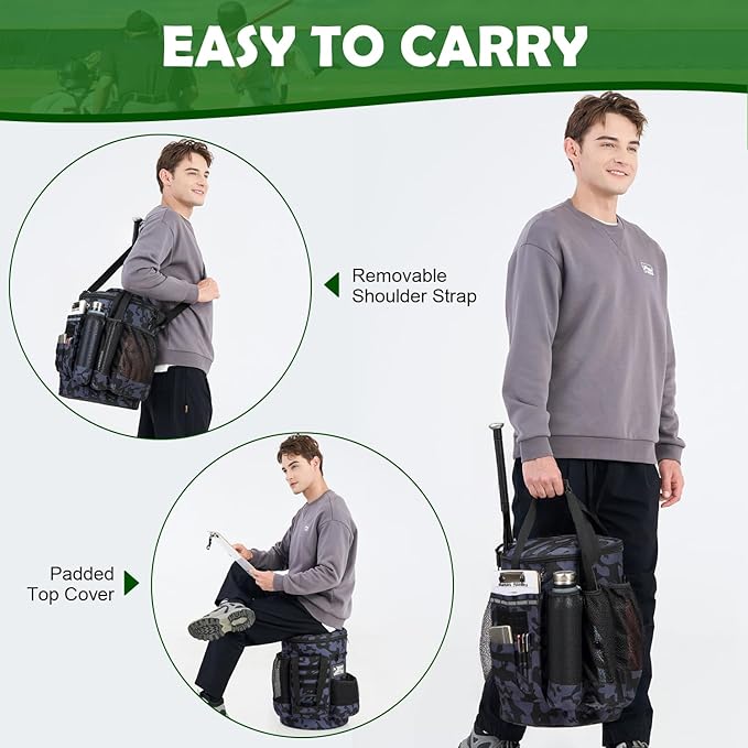 Baseball Bucket Bag Baseball Coaching Accessories Organizer Softball Bucket Bag with Anti-Slip Bottom & Multiple Pockets for Bat, Gloves, Scoreboards