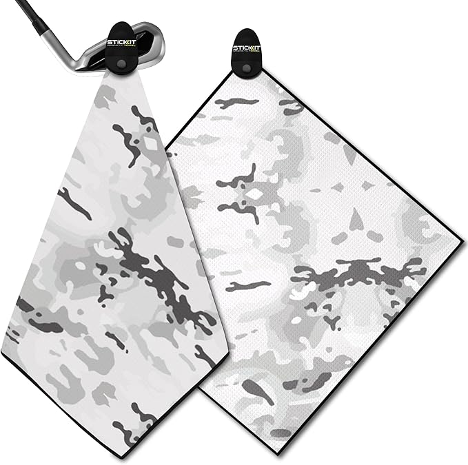 STICKIT Magnetic Golf Towel - Ultra-Absorbent with Waffle Weave Microfiber - Golf Towel with Magnet for Bags, Clubs & Carts - Removes Dirt, Grass, & Debris from Club Face - 29” x 29” (Snow Camo)