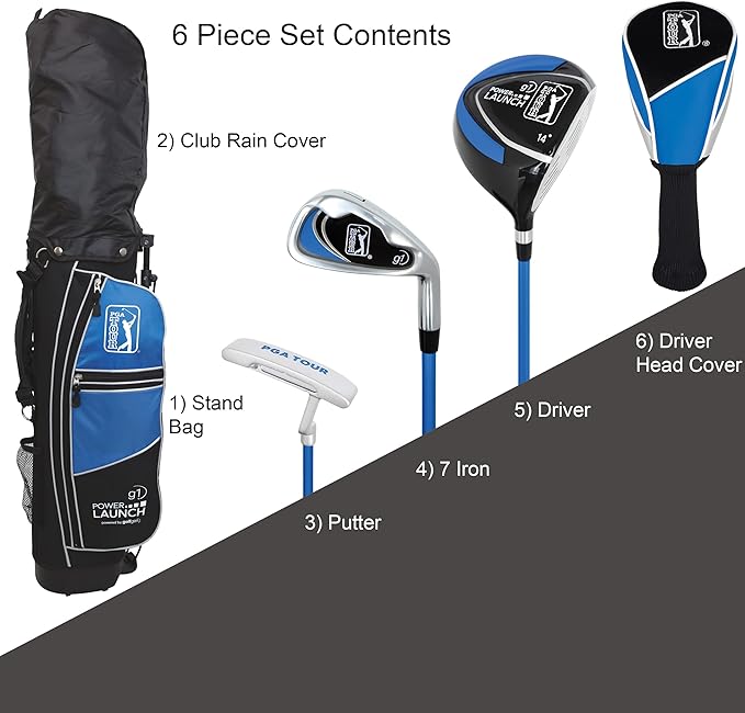 PGA Tour Youth Golf Club Set for Ages 5-15+ (3’5”-5’10”), Right and Left-Handed Kids Golf Sets – Beginner Junior Golf Clubs with Lightweight Stand Bag, Mallet Putter, Hybrid, Driver
