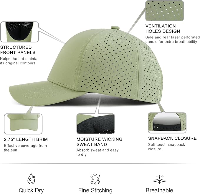 VOBOOM Men Quick Dry Baseball Cap Laser Cut Mesh Ball Curved Brim Snapback Hat