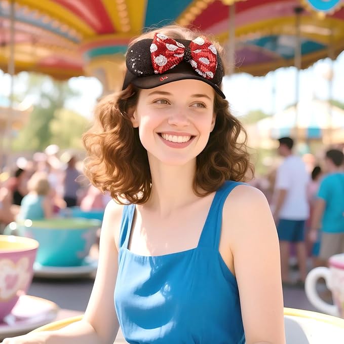 Adult Size Mouse Ears Visors for Women, Adjustable Sun Visor Hat Baseball Cap with Sequin Mouse Ears Bow for Theme Park Decor