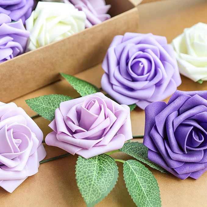 AmyHomie Artificial Flower Seriesc Purple Rose 25pcs Real Looking Fake Roses - Image 3