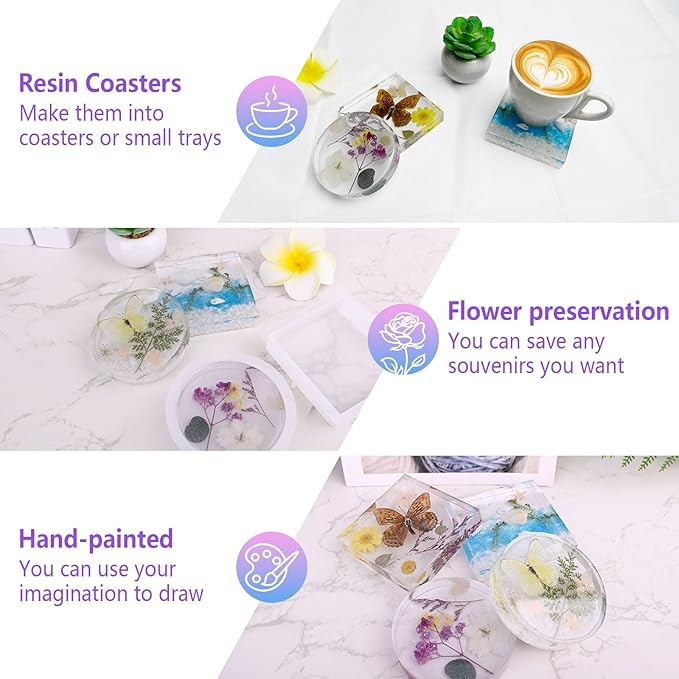 4 Resin Coaster Molds, Square Round Coaster Resin Molds, Small Coaster Silicone - Image 5