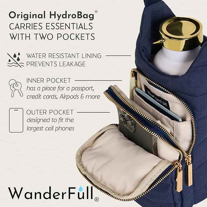 WanderFull® Original HydroBag® Collection, Water Bottle Holder, Gift for Women, Mom, Girlfriend, w/Strap & Phone Pocket, Hands-Free Crossbody Water Bottle Bag