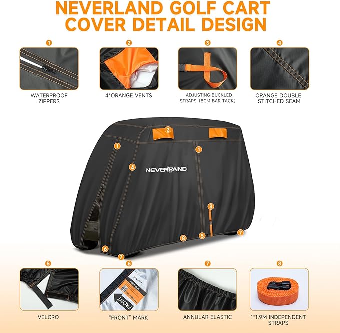 NEVERLAND Golf Cart Cover 4 Passenger, Heavy Duty 420D Golf Cart Covers, Waterproof Club Car Golf Cart Cover with Zipper Doors Compatible with EZGO Yamaha Club Car 4 Seat (Up to 115 Inch)