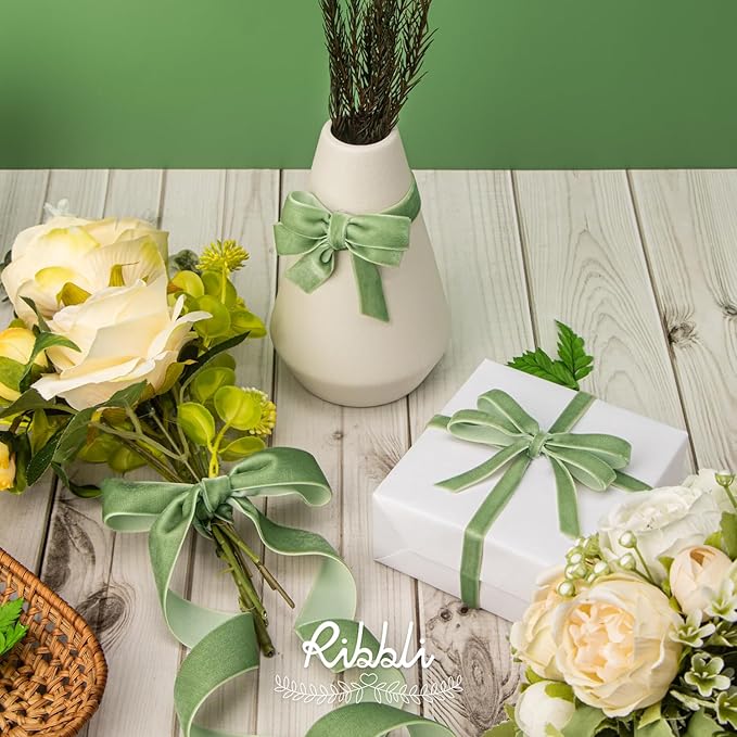 Ribbli Sage Green Velvet Ribbon 1 Inches Continuous10 Yard Spool Spring Moss - Image 3