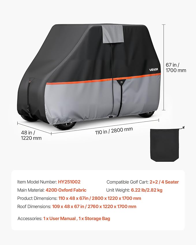 VEVOR Golf Cart Cover, Full Coverage 2+2/4 Passenger Golf Cart, 420D Waterproof Oxford Fabric Club Car Cover Fits Most Carts Club Car, Yamaha, EZGO, Honda, Silver-Coated Layer & Three Zipper Doors