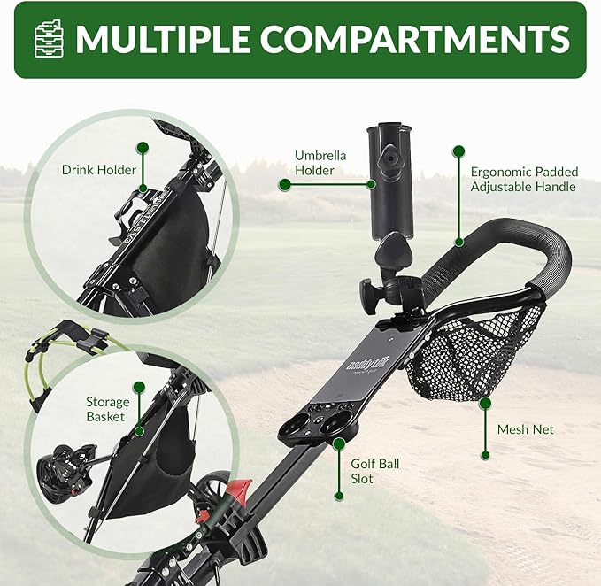 Caddytek CaddyLite 11.5 V3 Golf Push Cart - Lightweight Aluminum 3-Wheel Foldable Golf Bag Cart with Quad-Fold Frame, EVA Wheels, Adjustable Handle, Foot Brake, Mesh Net, Umbrella & Drink Holder