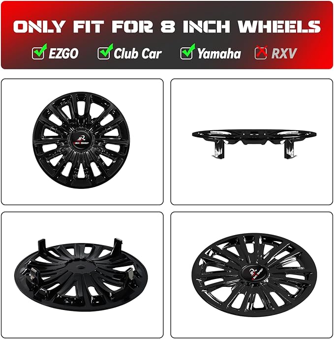 Golf Cart Hub Caps 8 Inch for EZGO/Club Car/Yamaha (Excludes EZGO RXV) Golf Cart Wheels and Tires, Snap-On Installation Wheel Covers Accessories, Premium ABS Plastic, Set of 4, Black