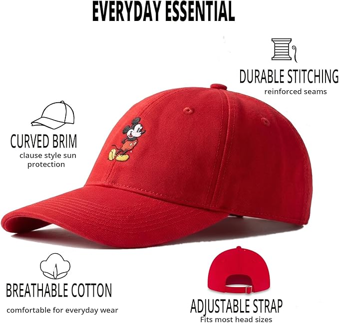 Disney Mens Baseball Cap, Mickey Mouse Adjustable Hat for Adult