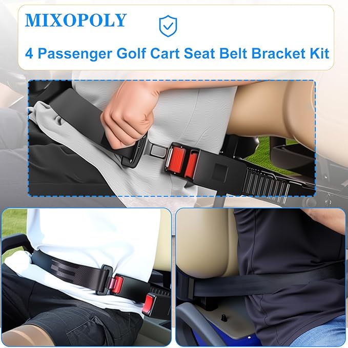 4 Passenger Golf Cart Seat Belt Bracket Kit Universal for Yamaha, EZGO, Club Car Golf Cart with 2+2 Flip Rear Seat, Retractable Seatbelts Max Length 42 Inches