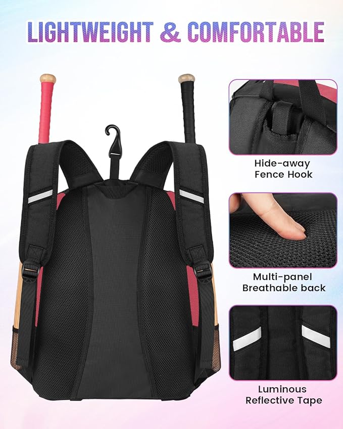 MATEIN Softball Bag, Lightweight Baseball Backpack with Shoe Compartment, Baseball Bag with Fence Hook for TBall Bat & Equipment, Softball Gifts Catchers Backpack for Women Fit Catcher’s Mitt, Helmet