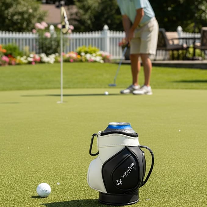 Mini Golf Bag Drink Holder & 14oz Stainless Steel Tumbler Set - Fits Multiple Can Sizes & Mixed Drinks – Fun Accessory & Golf Gift for Men and Women