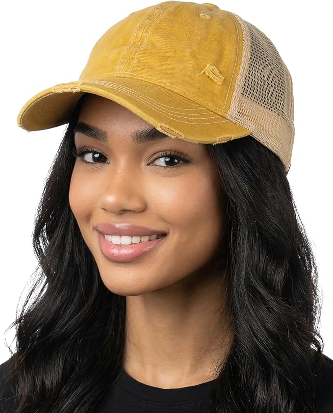Funky Junque Trucker Hat for Women – Distressed Low Profile Western Camo Baseball Cap with Mesh, Trendy and Adjustable Fit