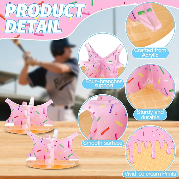 Ice Cream Baseball Holder for Balls - Novelty Baseball Display Stand for Souvenirs & Autographed Balls - Cute Desktop Baseball Case Decor for Boys Room & Kids Gifts, Single Ball Support