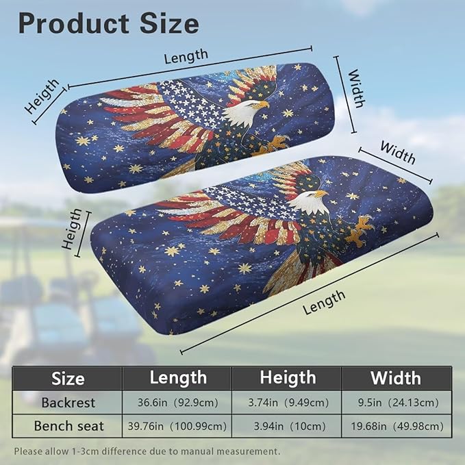 Bulopur Eagle American Flag Golf Cart Seat Covers Set for Ezgo Club Car Golf Cart Dust Covers for Bench and Backrest, Removable Golfcart Accessory