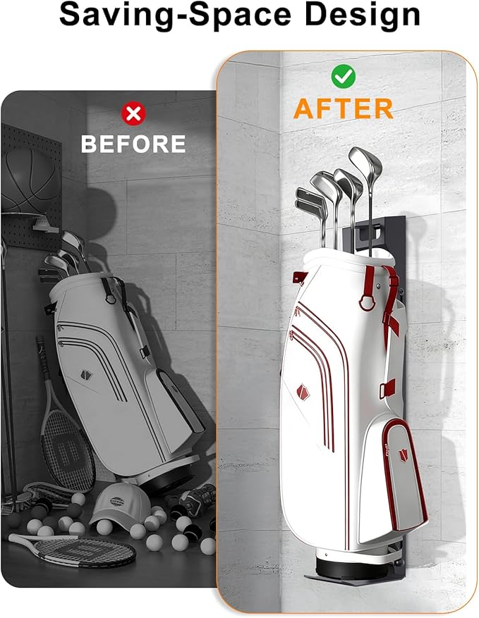Golf Bag Wall Mount,Golf Bag Holder for Garage,Golf Bag Storage Rack,Golf Bag Organizer for Garage,Golf Bag Stand for Home Basement,Height Adjustable,Great Gilf for Golf Enthusiasts, Black