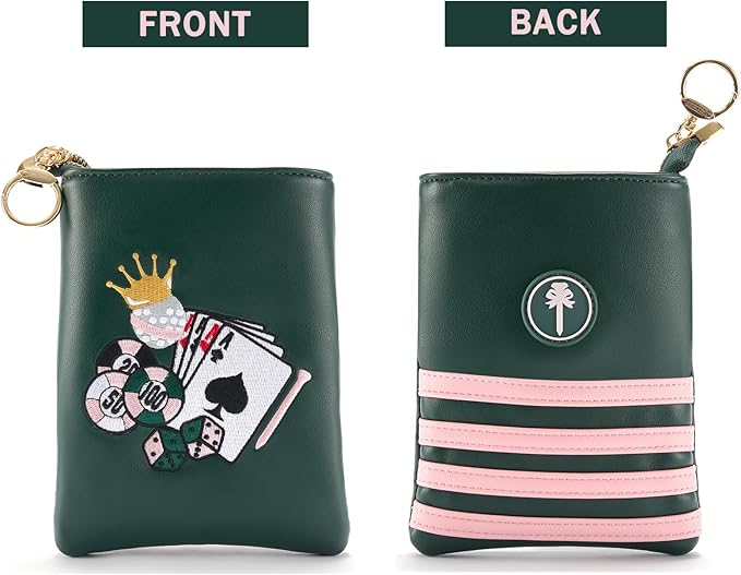 PINKTEE Golf Valuables Pouch Premiun Leather Tee Bag Funny Golf Accessories Organizer with Zipper Master Green for Women Men (CASINO QUEEN, Pink stripe)