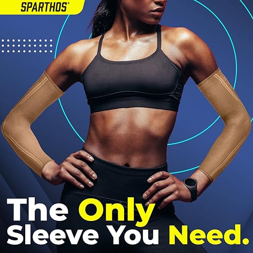 Sparthos Arm Compression Sleeves - Elbow Brace for Recovery, Support for Athletic Sports Running Tennis Baseball Lifting Football Gym Fit Shooting Weightlifting Golf - Mens and Womens (Beige-L)