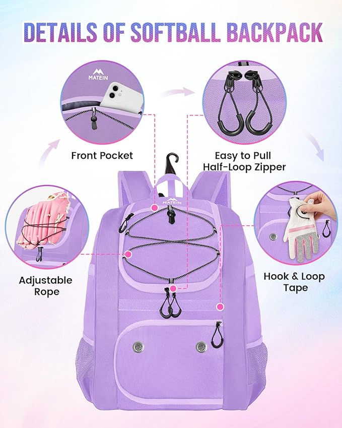 MATEIN Softball Bag, Lightweight Baseball Backpack with Shoe Compartment, Baseball Bag with Fence Hook for TBall Bat & Equipment, Softball Gifts Catchers Backpack for Women Fit Catcher’s Mitt, Helmet