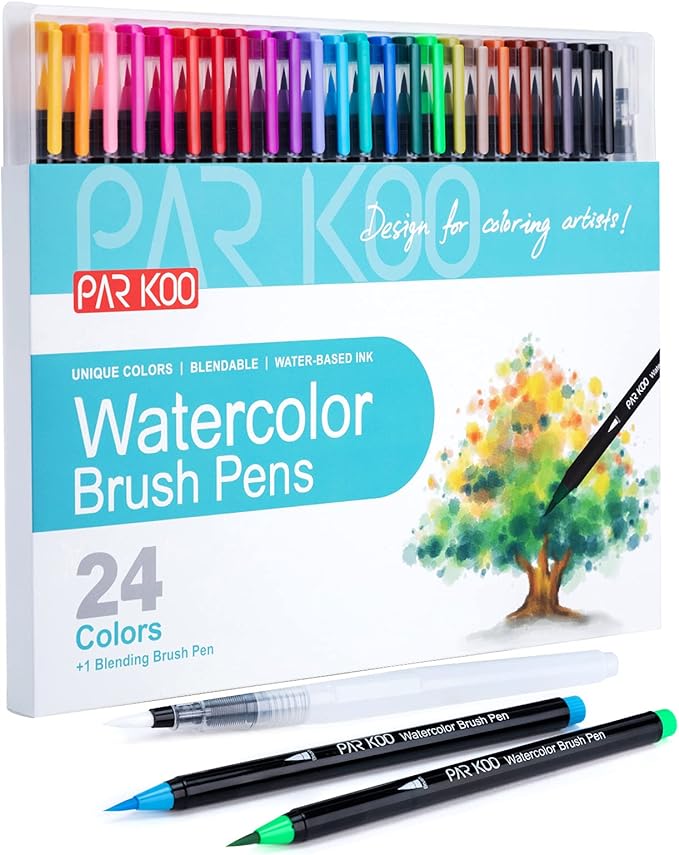 ParKoo Watercolor Brush Pens, 24 Colors Flexible Real Nylon Brush Tip Pens by Parkoo
