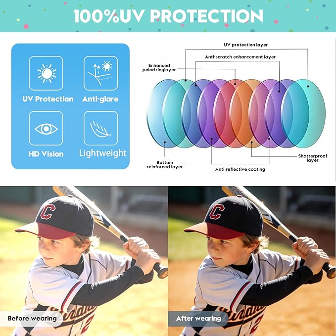 Youth Sports Sunglasses for Boys Girls Age 3-10, Lightweight Frame Kids Baseball Softball Cycling Sunglasses