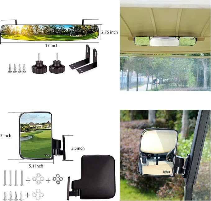Universal Golf Cart Wide Angle Convex Rear View & Folding Side Mirror Kit, Compatible with Club Car, EZGO, Yamaha Models