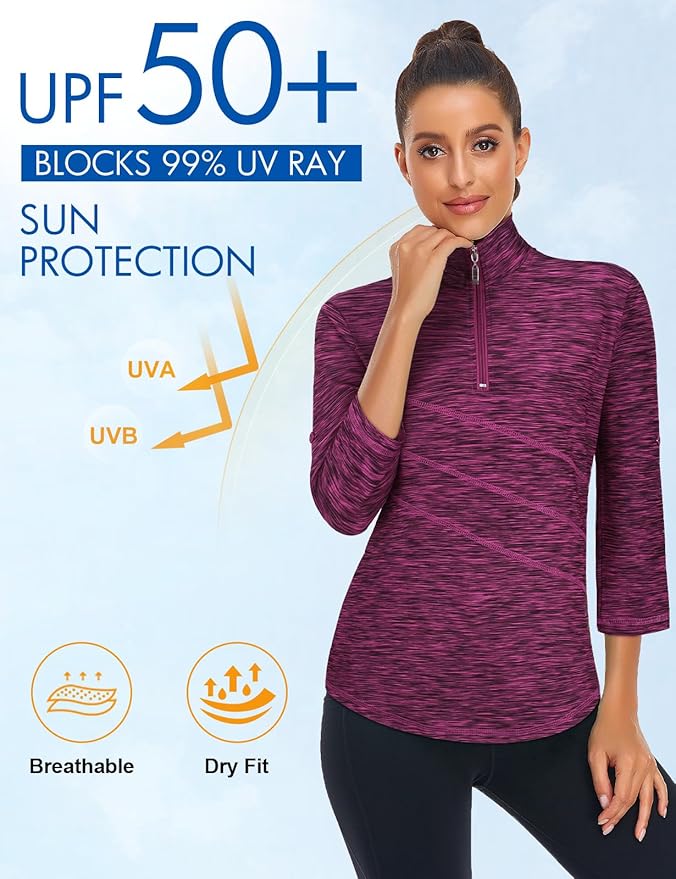Koscacy Women's 3/4 Roll Sleeve Golf Tennis Polo Shirts UPF50+ Half Zip Dry Fit Workout Tops Athletic Shirt
