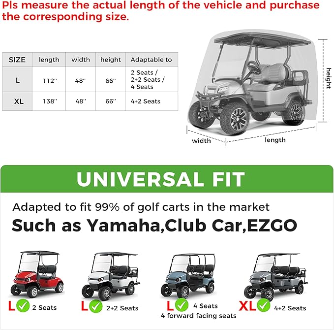 10L0L Golf Cart Cover 2/4/4+2 Passenger for Yamaha EZGO Club Car, Heavy Duty 420D Waterproof Windproof Durable Oxford Golf Cart Cover with 3 Zipper Doors for All-Weather Protection (Black/Silver)