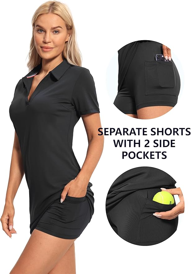 Hiverlay Golf Dresses for Women with Shorts and Pockets, V-Neck Short Sleeve Tennis Dress, Workout Athletic Dresses