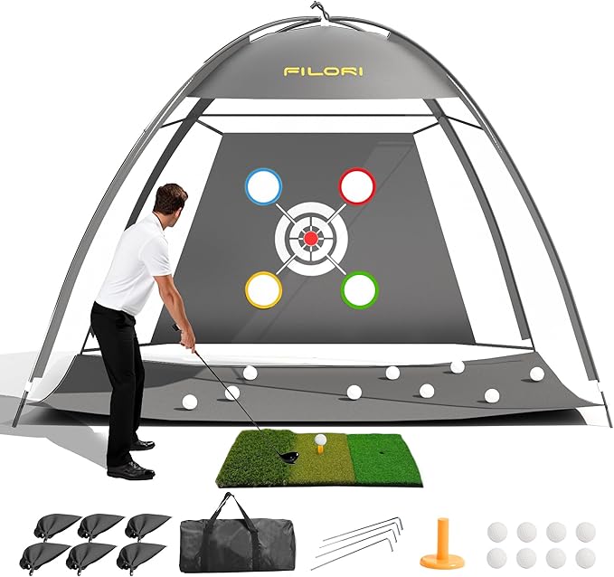 FILORI Golf Practice Net 10x7FT - Golf Hitting Net with Tri-Turf Mat, 8 Balls, Tee & Carry Bag, Indoor/Outdoor Backyard Training for Driving Chipping Swing, Ideal Gifts