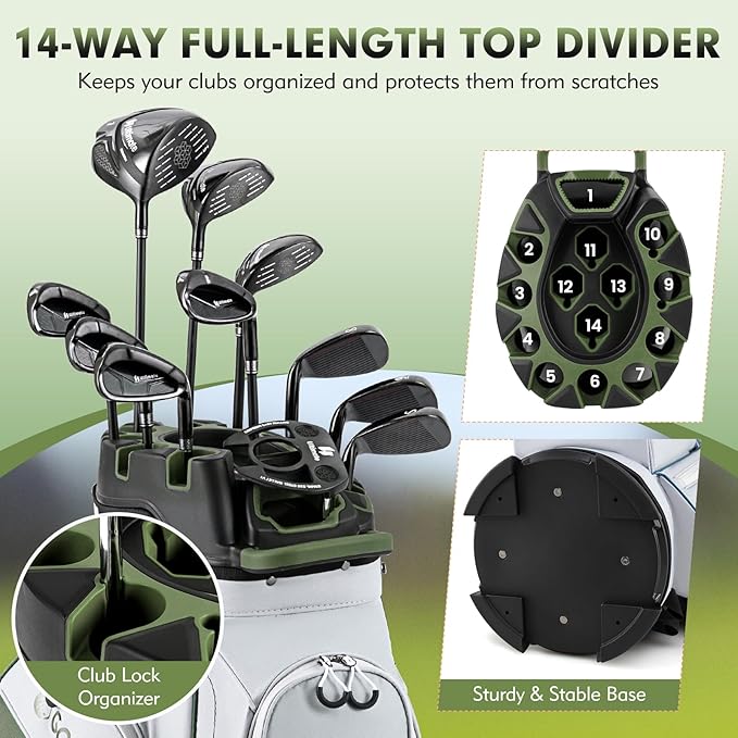 Tangkula Golf Cart Bag with 14-Way Full Length Dividers, 6 Molded Lock Top Golf Club Bag with 11 Pockets, Cooler Bag, Padded Strap, Handles, Umbrella Holder & Rain Hood
