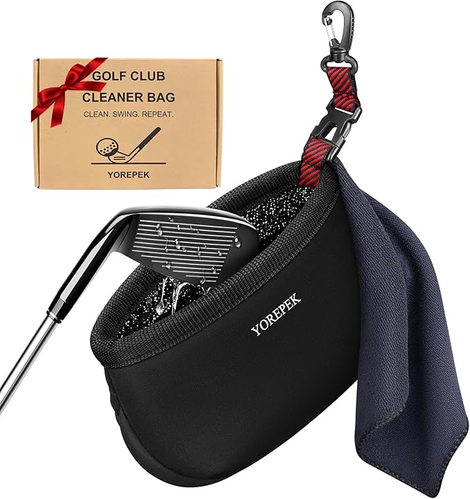 YOREPEK Golf Club Cleaner Bag with Towel, 360° Rotating Clip, Golf Ball Washer with Zipper Pocket, Valentines Day Golf Gifts for Him, Golf Bag Accessories for Men, Black
